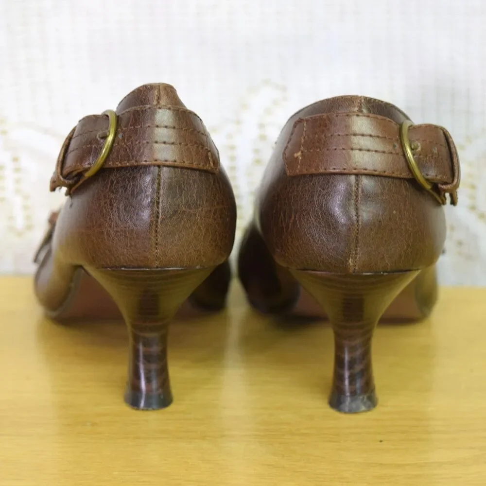 Vintage 90's 2000s Soda Brown Faux Leather Kitten Heels Size 7 Y2K Grunge Buckle
